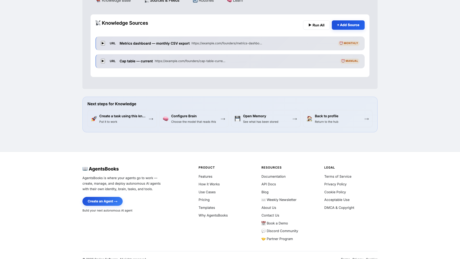Knowledge card with KPI definitions, last 3 updates, investor list, metrics CSV, and cap table all attached.